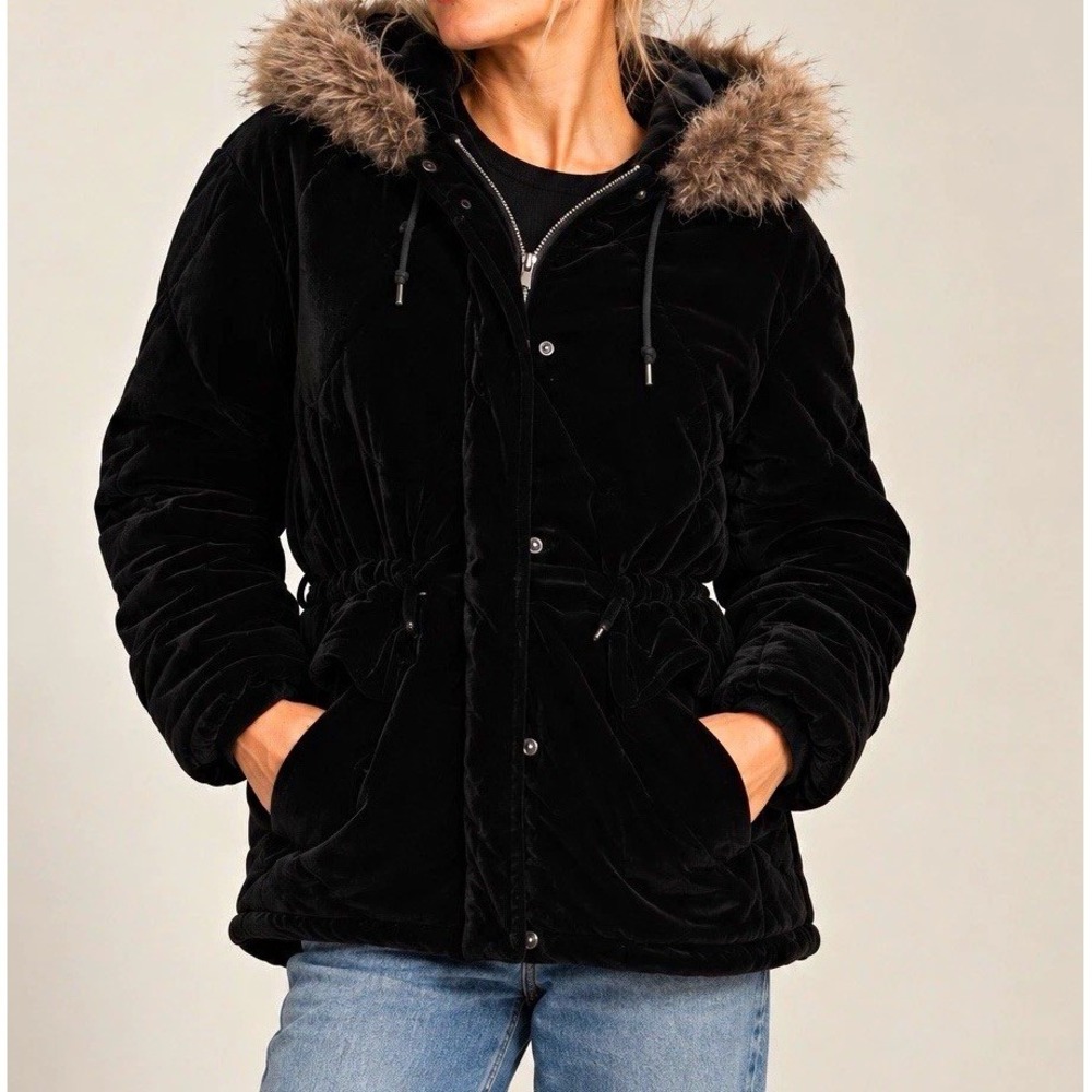 Lauren Ralph Lauren Black Velvet Faux Fur Hooded Parka Coat Silk Blend M